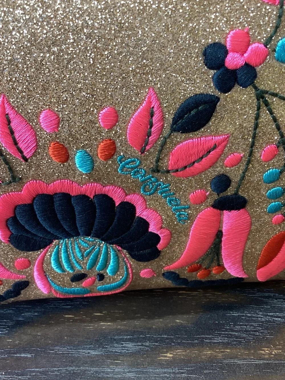 Consuela Lyla Uptown Gold Sparkle Crossbody with Pink and Navy Floral Embroidery